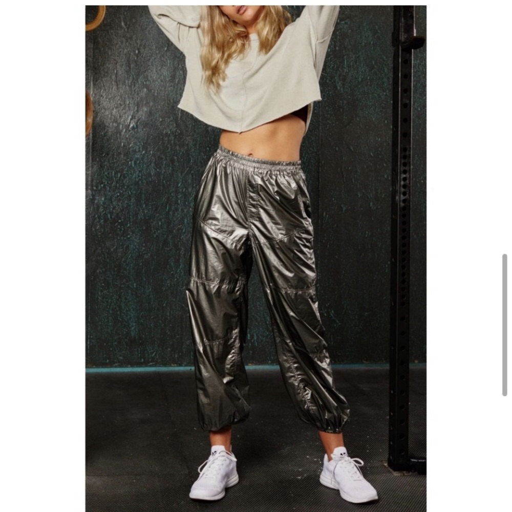 Free People Metallic Track Joggers in Gunmetal